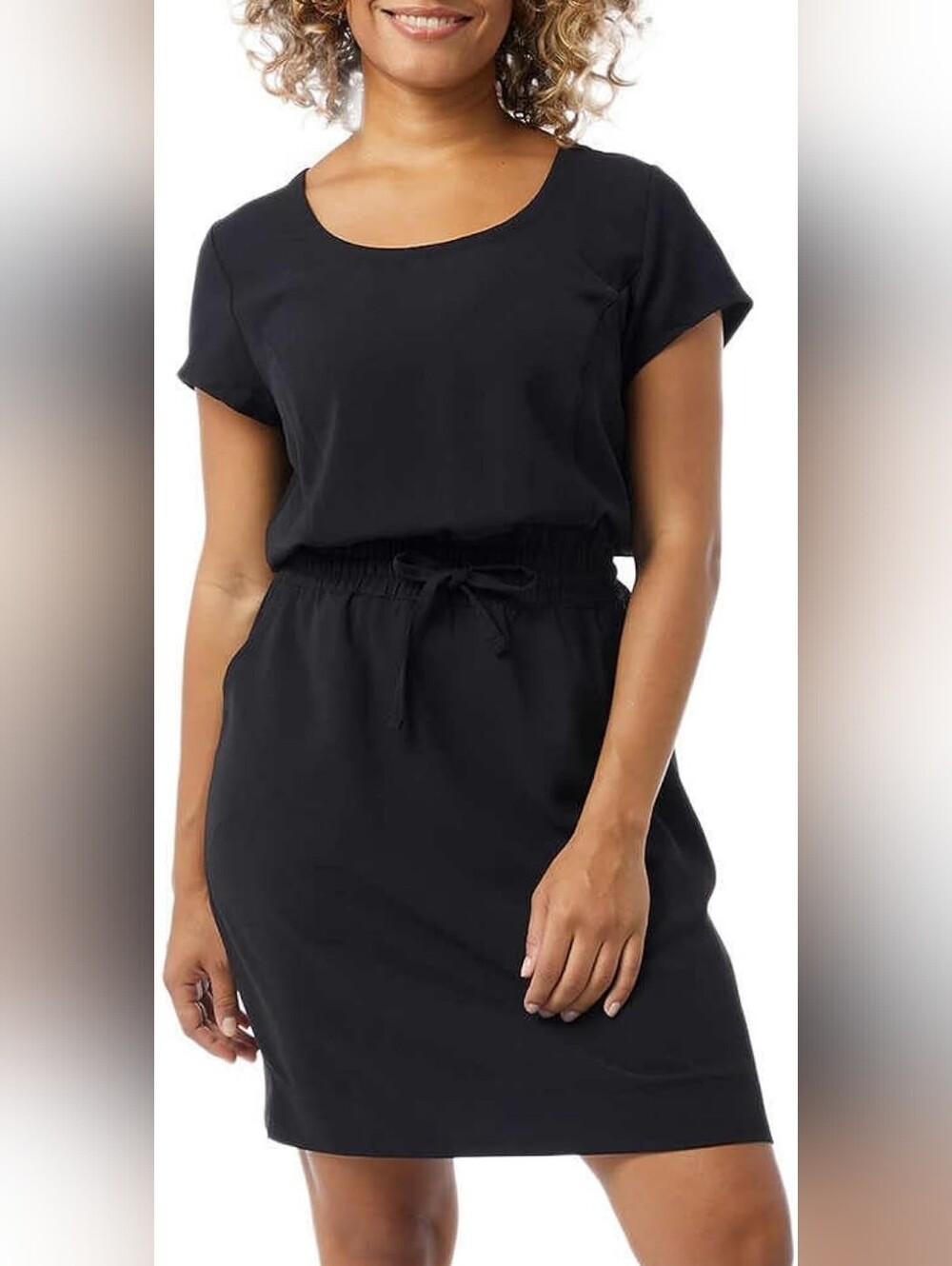 32 Degrees Black Short Sleeve Midi Dress with Drawstring Waist